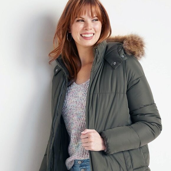 Olive Green Puffer Parka With Detachable Hood - Picture 3 of 13